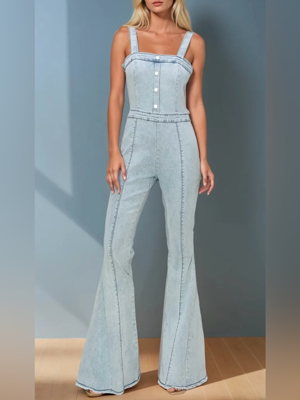 Wisteria Lane Flare Leg Denim Jumpsuit Adjustable Straps Size L Large